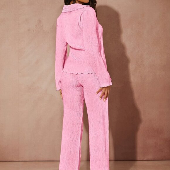 Pink Casual Women's Button Front Lettuce Trim Shirt & Wide Leg Pants Set - Picture 2 of 6